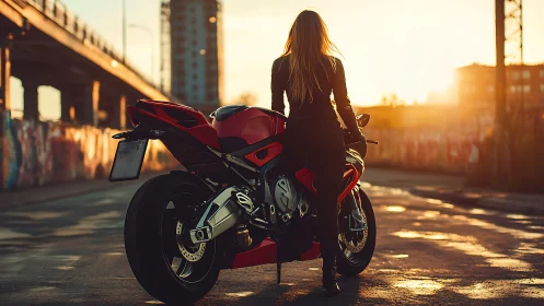 Motorcycle rider dominates sunlit urban overpass roadway.