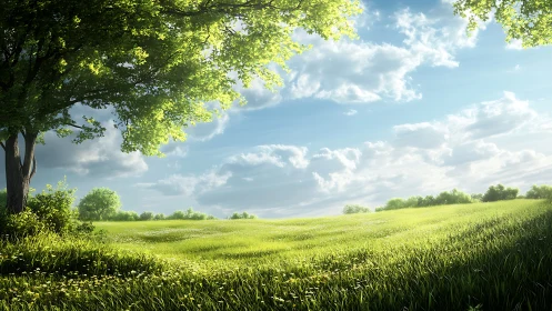 Sunlit meadow rolls gently beneath a bright open sky