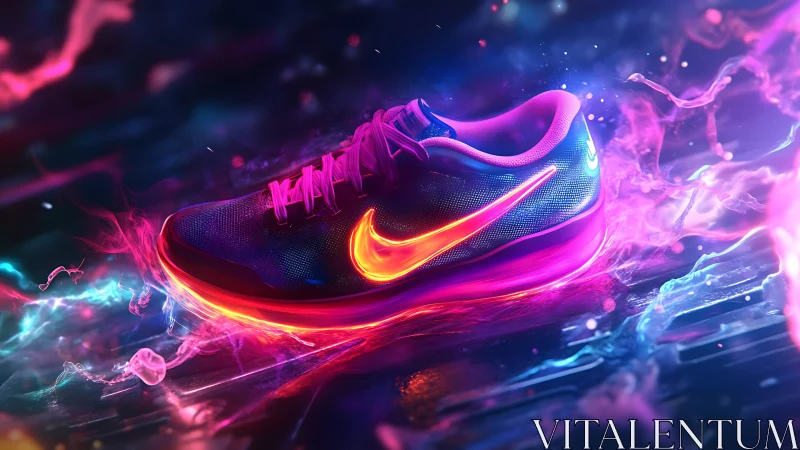 Neon-lit athletic sneaker rendered in dynamic cyber-glow effects