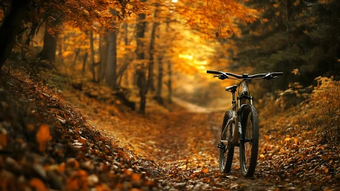 Mountain Bike Rests on Autumn Trail Among Golden Trees.