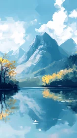 Serene mountain lake with bright autumn trees reflected.