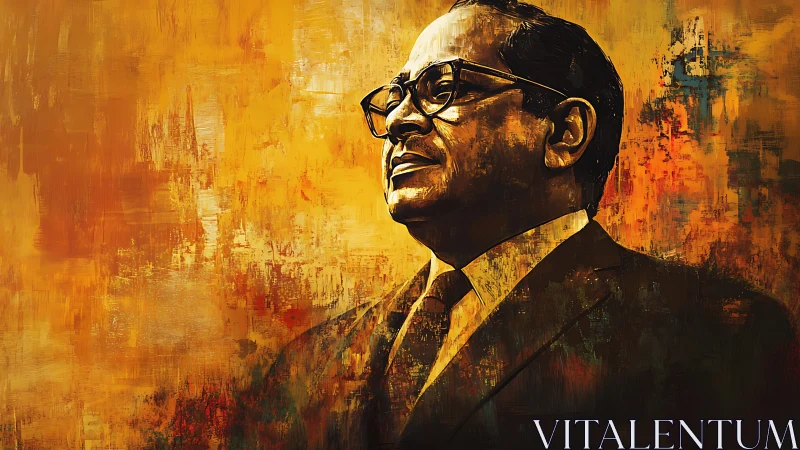 Portrait of dignified man in suit on textured gold field.