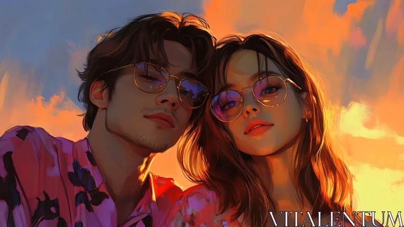 Sunlit couple portrait with reflective glasses at vivid sunset