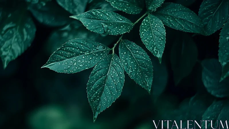 Emerald leaves sparkle with delicate raindrops at dusk.