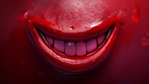 Glassy crimson smile emerging from glossy liquid shadows.