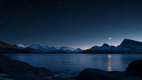 Crescent moon illuminates polar mountains over a still fjord