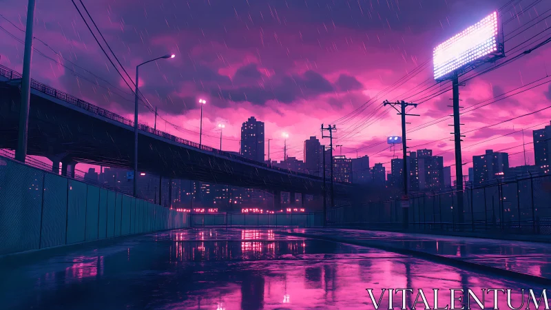 Neon city rain paints the quiet overpass in glowing pink light