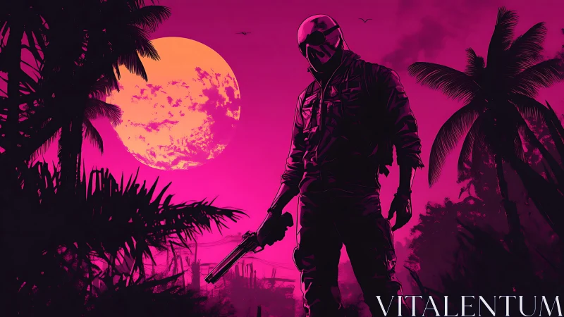 Neon dusk drifter beneath a blazing retro jungle moon.