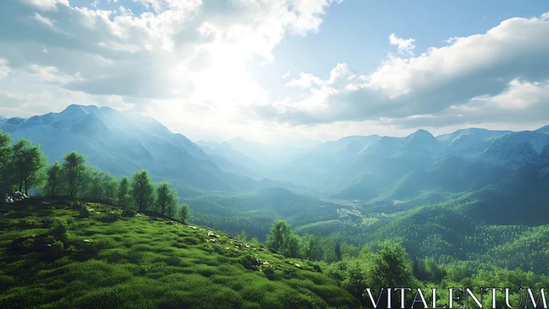 Sunlit mountain valleys drift beneath a bright waking sky