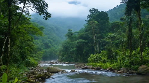 Mist-draped jungle river winding through emerald silence.