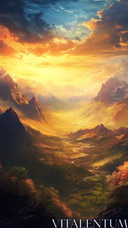 Radiant valley sunrise floods dramatic mountain pass