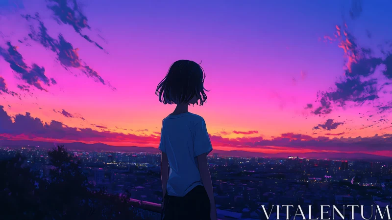 Quiet evening girl watching a dreamy neon city sunset.