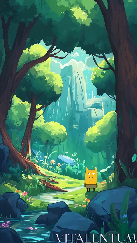 Illustrated forest landscape with waterfall and figure.