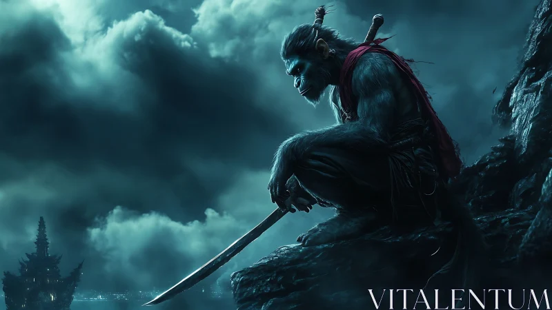 Midnight monkey warrior poised on a stormlit mountain ledge.