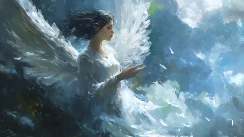 Serene winged woman in white against swirling blue sky.