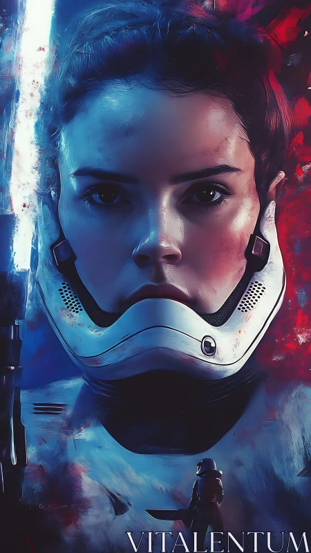 Armored space warrior portrait framed by red and blue light