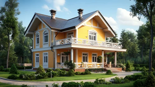 Sunny two story country house with wide wraparound porch