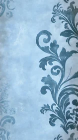Vintage blue damask scrollwork on textured pastel background.