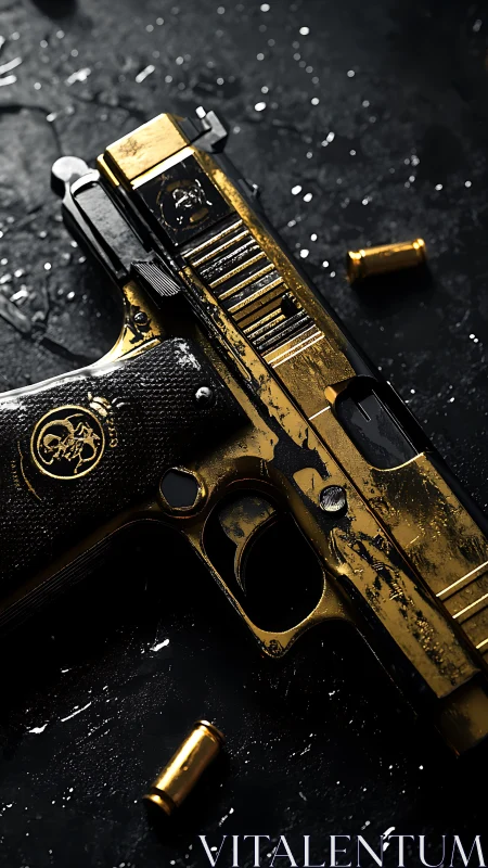 Gold-plated tactical pistol with spent brass casings on slate