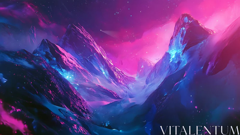 Neon-lit alien mountains rise under glowing magenta sky