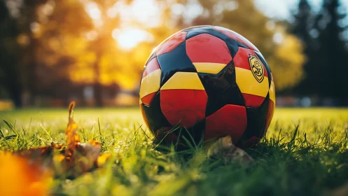 Sunlit soccer ball resting in glowing autumn park grass.