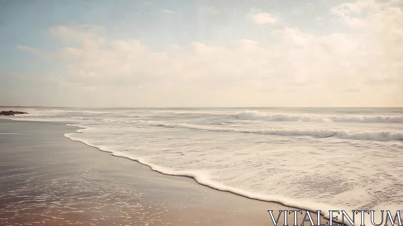 Soft waves roll onto a tranquil pastel-toned shoreline