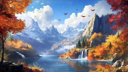 Golden autumn valley cradling bright lakes and waterfalls.