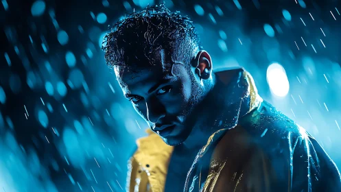 Moody low key portrait in neon blue rain with yellow jacket