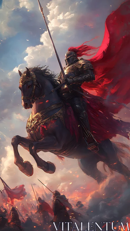 Storm-lit armored knight on rearing warhorse in crimson.