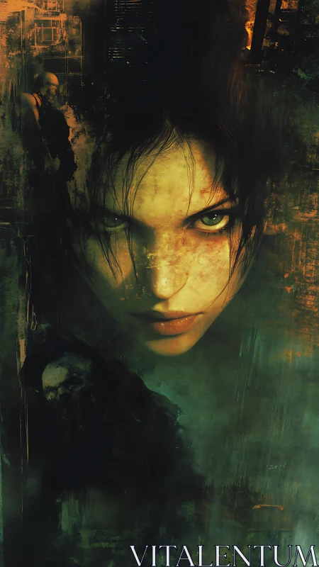 Intense female face in dark abstract urban textures.