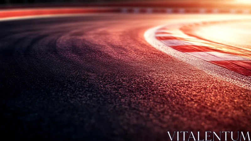 Sunlit racing circuit curve with textured asphalt surface.