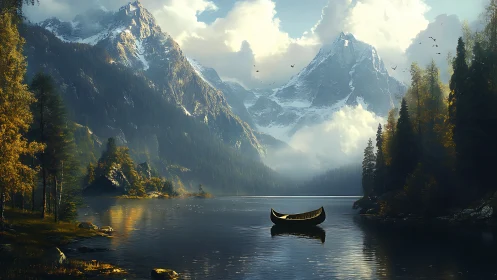 Golden canoe on alpine lake with snow-capped mountain peaks