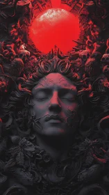 Crimson solar corona over necrotic baroque stone visage.