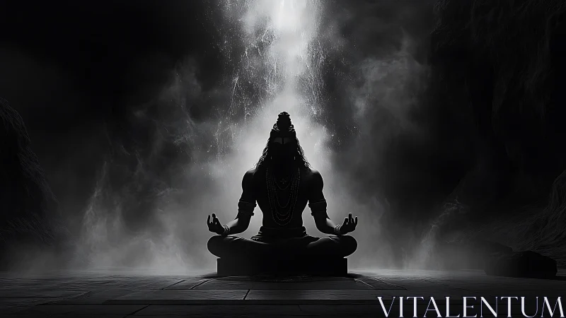 Meditating deity sits in divine light within misty cave