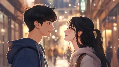 Winter evening couple gazing under glowing city lights.