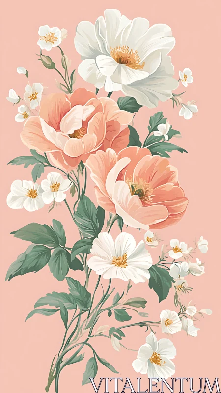 Floral Botanical Arrangement with Coral and White Blooms