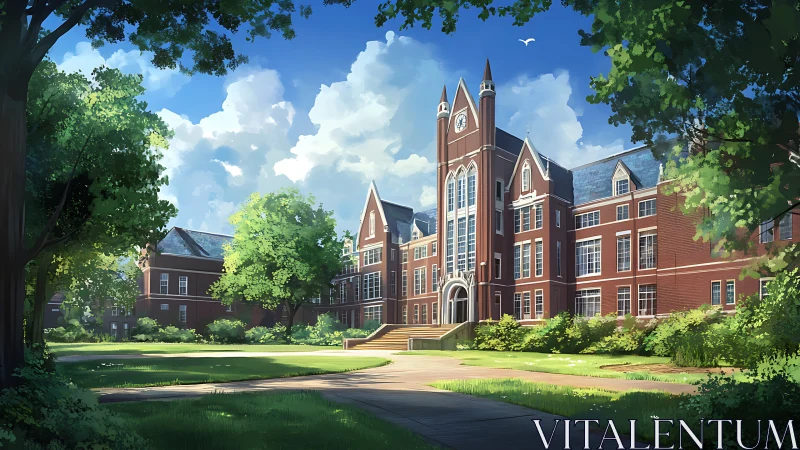 Collegiate redbrick campus under luminous summer daylight.