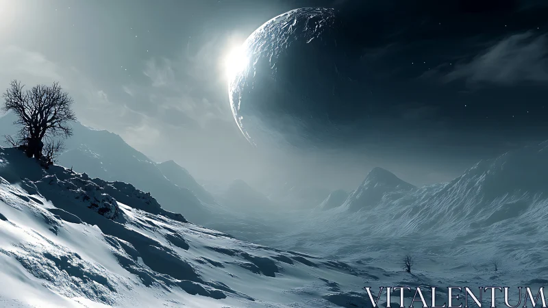 Frozen exoplanet valley under a looming winter moonrise.