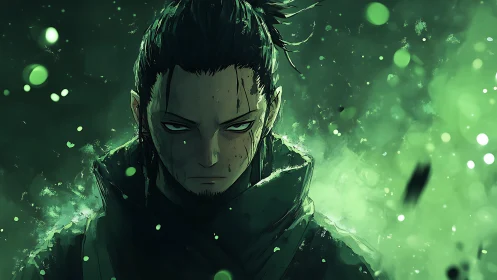 Stoic anime swordsman stands in glowing green mist