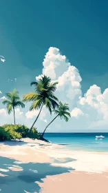 Tropical Beach with Palm Tree and Cumulus Clouds.