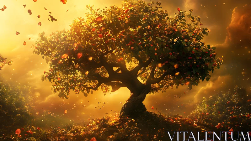 Solitary fruit tree under diffuse golden backlighting.