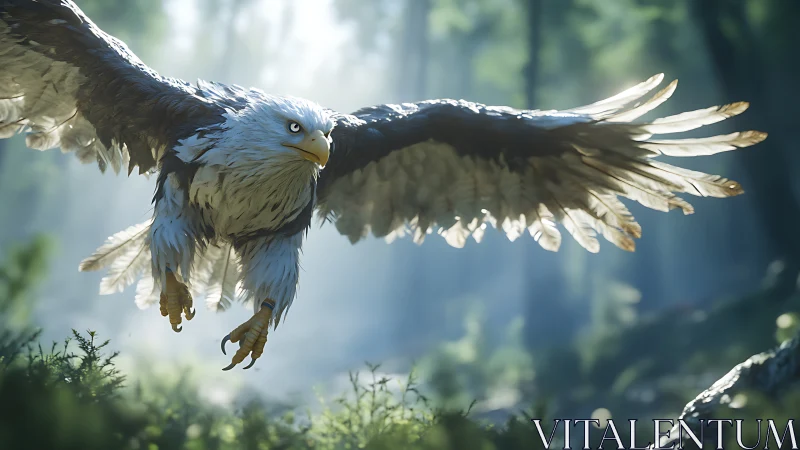 Majestic Bald Eagle in Flight, Realistic Forest Setting.