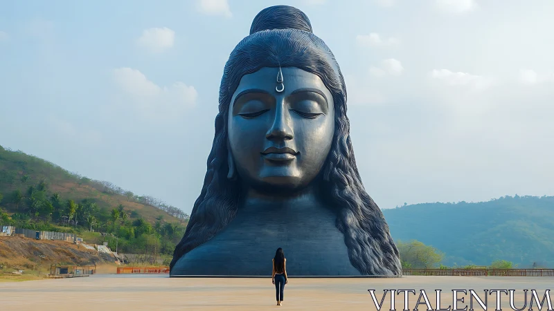 Monumental serene statue dominates open mountain plaza.