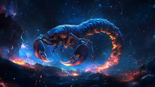 Cosmic scorpion entity over volcanic alien landscape.