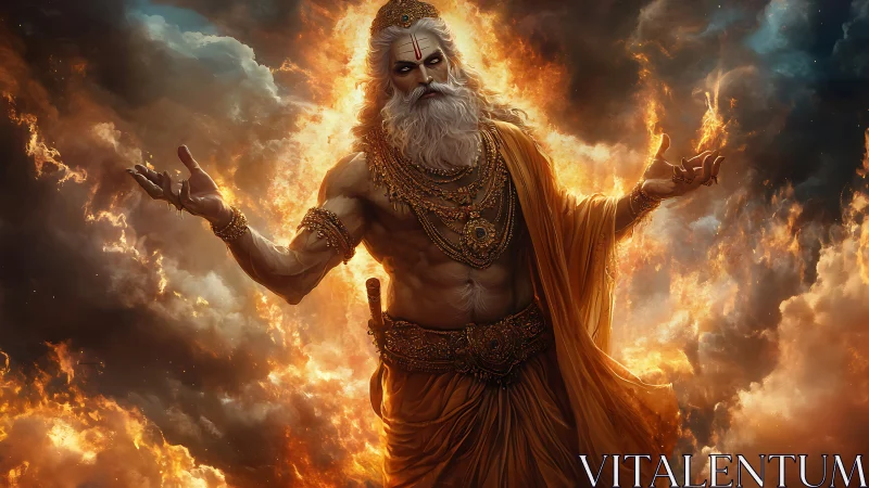 Divine fire deity rising within storm forged heavens.