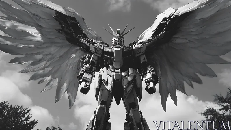 Monochrome winged mecha statue dominates low-angle sky view