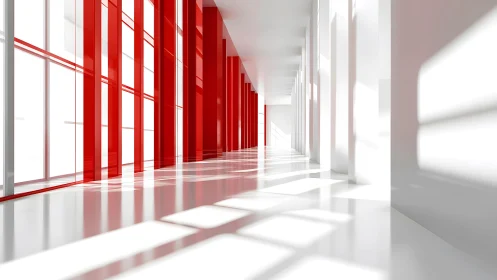 Modern minimalist hallway with red glass walls and strong sunlight.