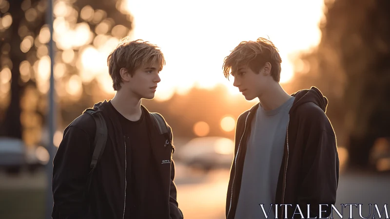 Two teens standing outdoors in warm sunset light period.