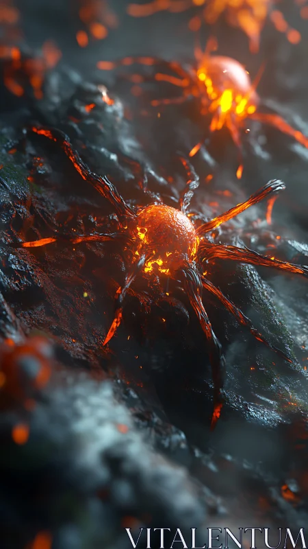 Molten ember spiders skitter across obsidian nightfall.