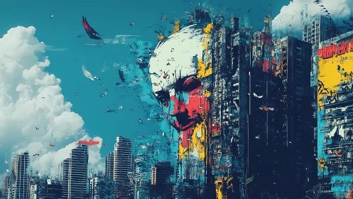 City skyline melts into a bold, dreamlike painted face.